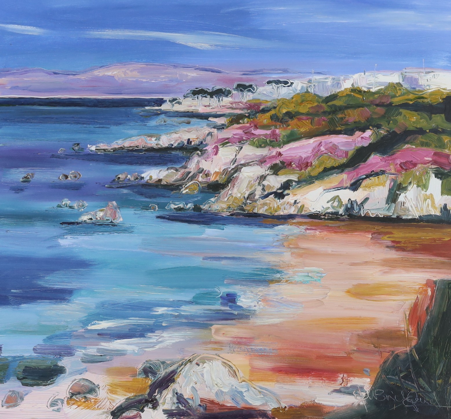 Judith Bridgland (b.1962), oil on canvas, Beach at Pacific Grove, signed, Ainscough Art label verso, 60 x 65cm
